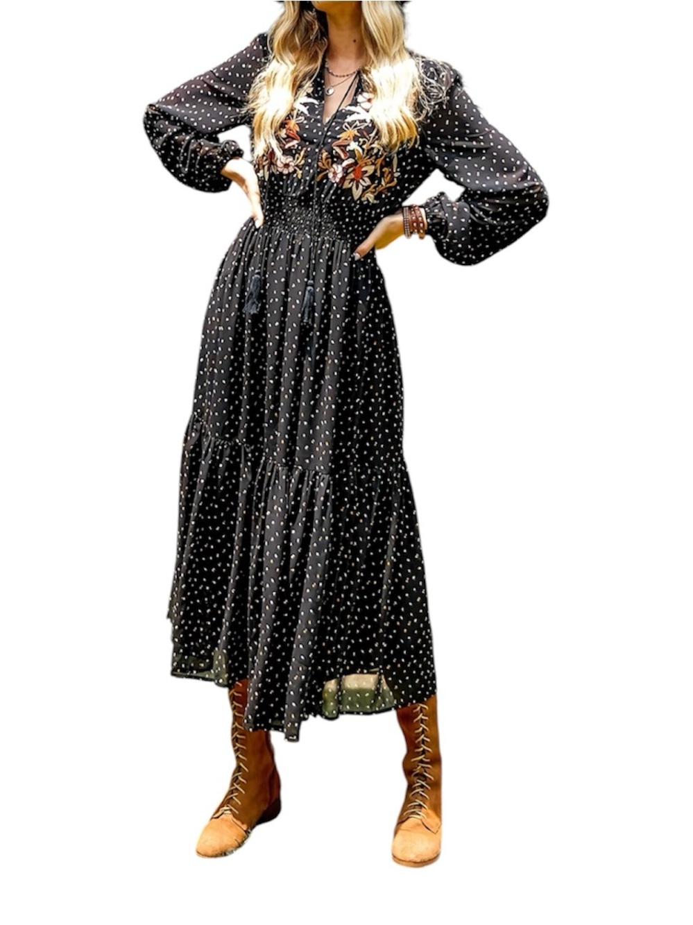 Boho Black Polka Dot Embroidered Maxi Dress